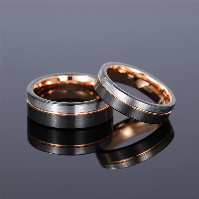 TIGRADE Ring Men Tungsten Ring Black Rose Gold Line Brushed 6/8mm Wedding Band Engagement Ring Men's Party Trendy Bague Homme