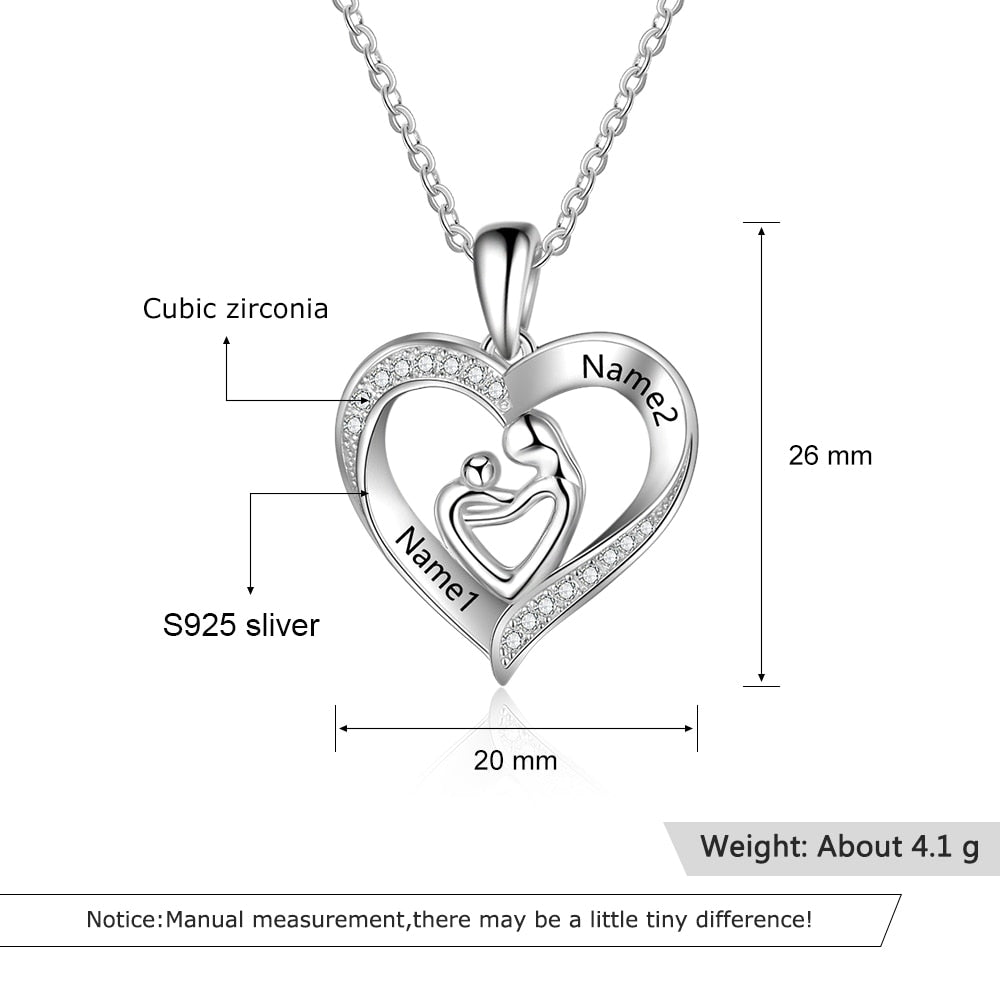 Personalized Mom and Baby Necklaces 925 Sterling Silver Heart Shape Necklaces Pendant Engraved Name Mother's Day Gift