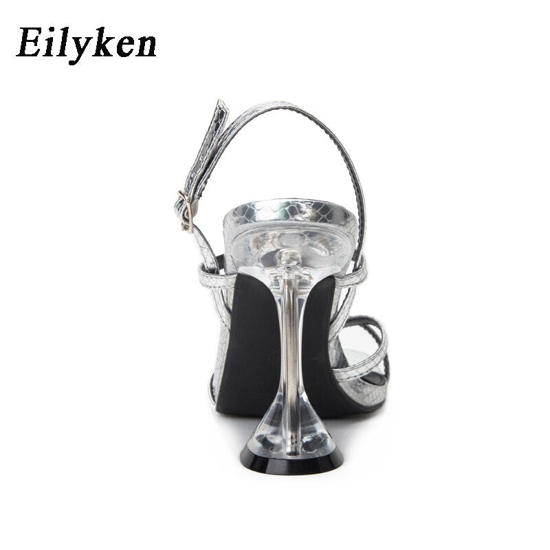 Eilyken New Silver Back Strap Sandals Transparent Perspex Heel Spike Crystal Slingbacks Women Wedding Pumps Shoes