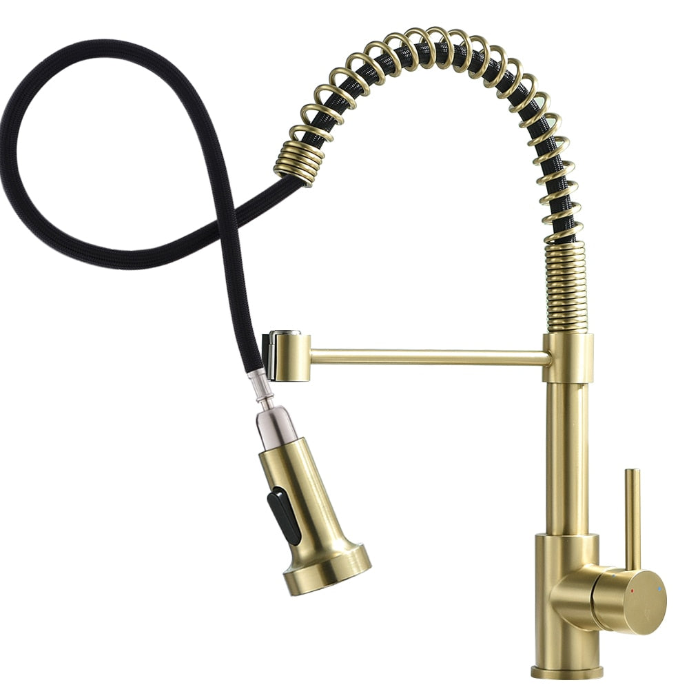Kitchen Faucets Brush Brass Faucets for Kitchen Sink Single Lever Pull Out Spring Spout Mixers Tap Hot Cold Water Crane 866053R