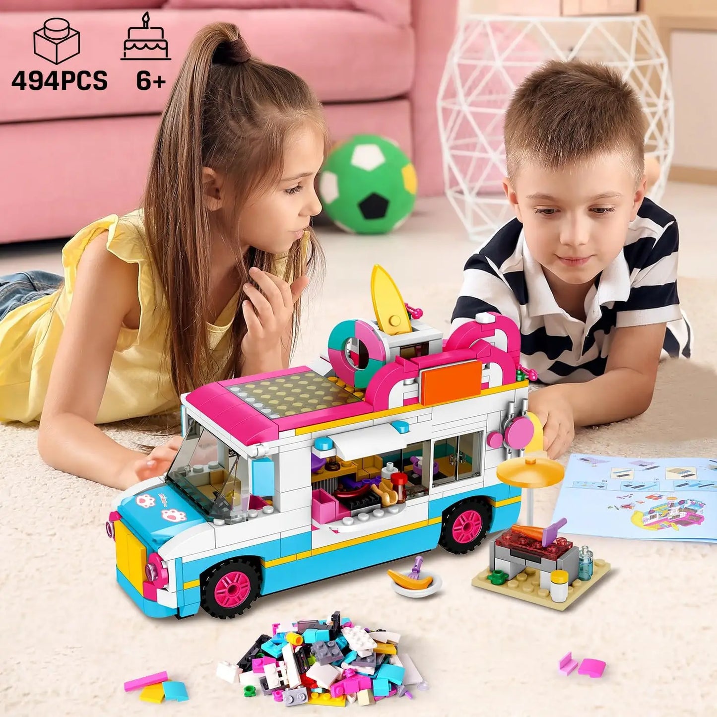 HOGOKIDS 3-in-1 Girls Camper Van Building Set - 494PCS Summer Beach Camping Building Blocks Sets | Food Truck Building Toys with