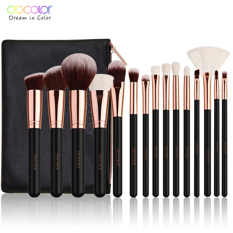 Docolor Rose Gold Makeup Brushes Set 15pcs Professional Natural Hair Brushes Foundation Powder Contour Eyeshadow Make Up Brushes