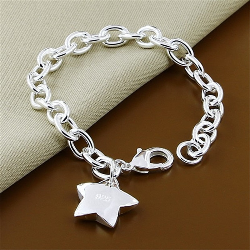 Classic Jewelry 925 Sterling Silver Color Bracelet Star Charm for Women Men Silver Link Chain Bracelet