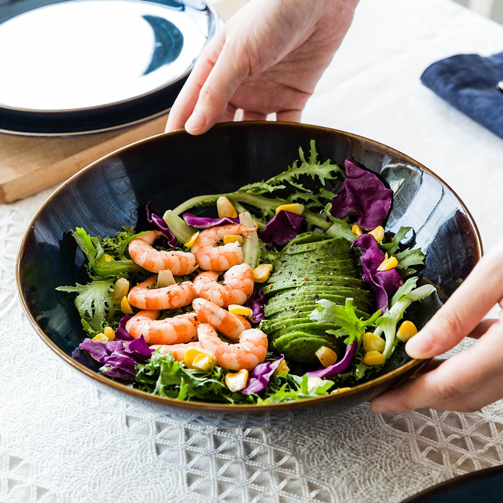 Single Dim Deep Blue Color Ceramic Tableware European Retro Glazed Dinnerware Pottery Porcelain Dish Plate Household Rice Dish