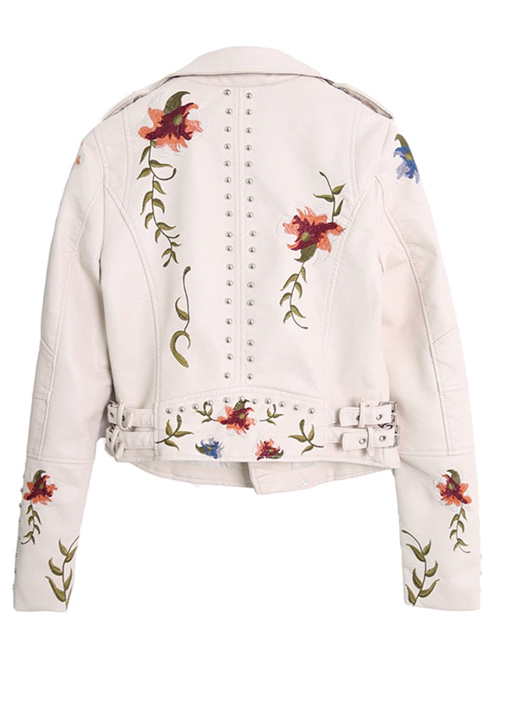 Ftlzz Women Floral Print Embroidery Faux Soft Leather Jacket Coat Turn-down Collar Casual Pu Motorcycle Black Punk Outerwear