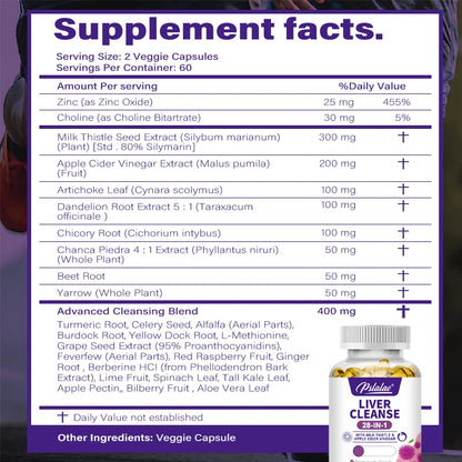 Liver Detox & Cleanse - with Milk Thistle,Dandelion - Improves Liver Function Supports Fat Metabolism Antioxidant - 120 Capsules