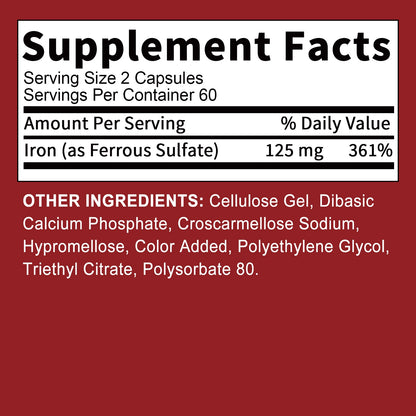 Iron 125mg - Help Maintain A Healthy Immune System and Brain Health, Boost Energy Levels and Fight Fatigue - 120 Capsules
