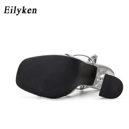 Eilyken New Silver Back Strap Sandals Transparent Perspex Heel Spike Crystal Slingbacks Women Wedding Pumps Shoes