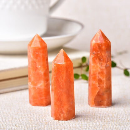 1pc Natural Crystal Point Sunstone Healing Stone Quartz Tower Orange Wand Ornament for Home Decor Reiki Energy Stone Pyramid