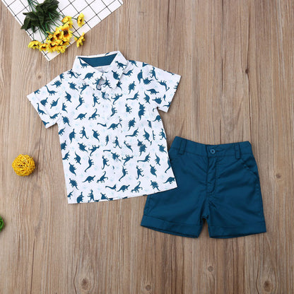 Lioraitiin 1-6 lat zestaw ubrań dla dzieci Baby Boy dinozaur skręcić w dół kołnierz z krótkim rękawem T-shirt spodnie 2 sztuk w stylu Casual, letnia odzież zestaw