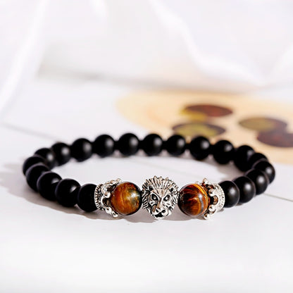 Classic Crown Lion Bracelet Men Fashion Tiger Eye Onyx Stone Handmade Beaded Charm Bracelet For Women Jewelry Pulsera Hombre