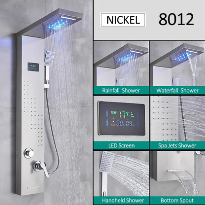 LED Shower Panel Tower System Rain Waterfall Shower Column Hydroelectricity LCD Display With Massage Body Spa Bath Shower Faucet