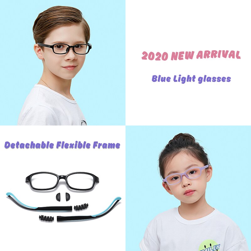 Children's Computer Eyeglasses Boy Girl Rectangle Blue Light Blocking Glasses Kids Removable TR90 Flexible Silicone Frame UV400
