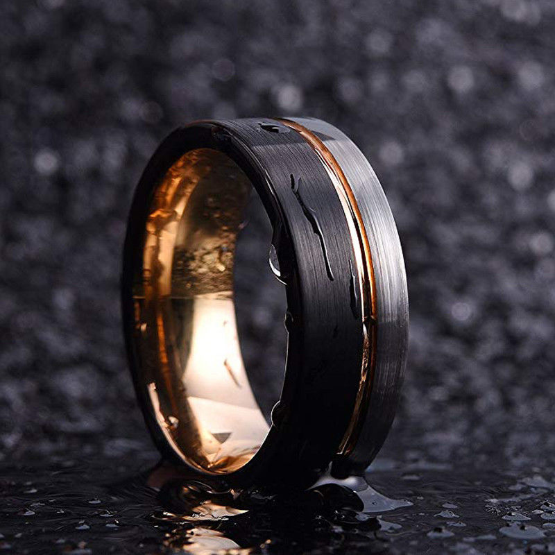 TIGRADE Ring Men Tungsten Ring Black Rose Gold Line Brushed 6/8mm Wedding Band Engagement Ring Men's Party Trendy Bague Homme