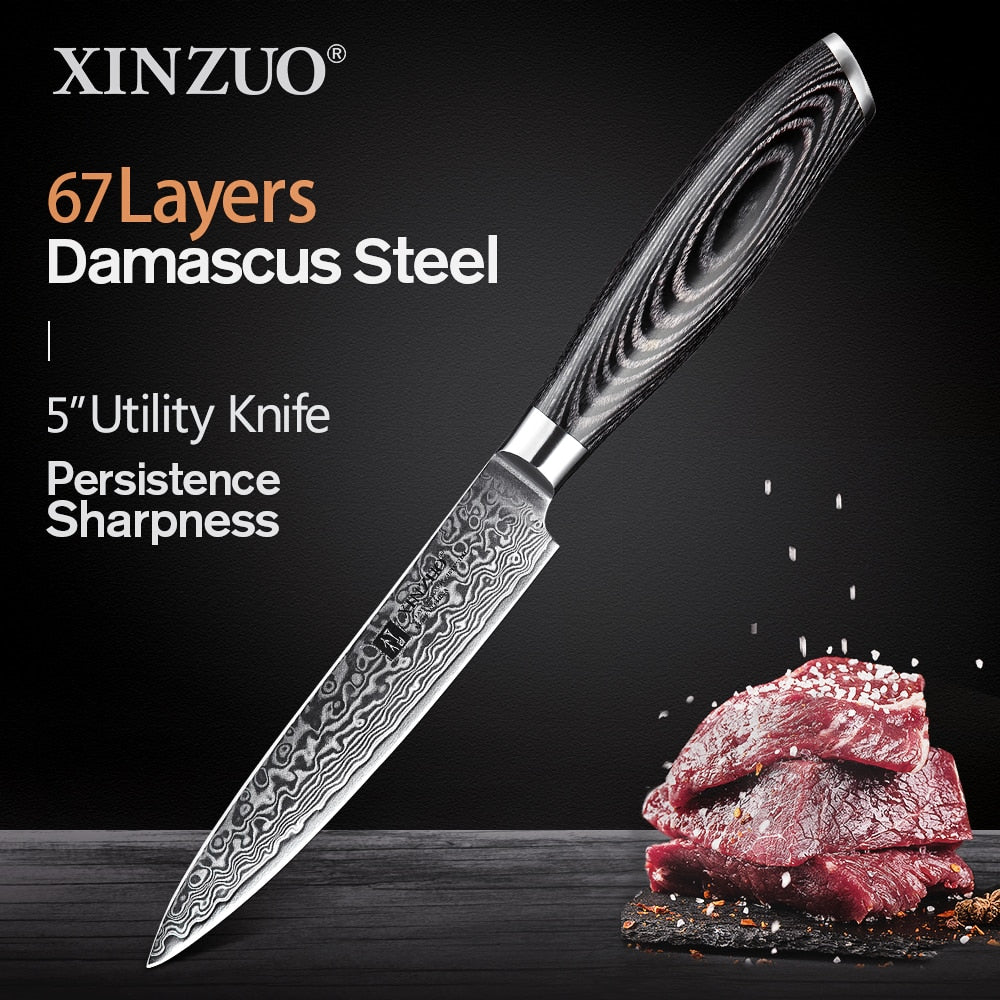 XINZUO 1pcs/5pcs Kitchen Knives Set 67Layer VG10 Damascus Steel Chef Cleaver Santoku Utility Paring Knife Pakkawood Handle