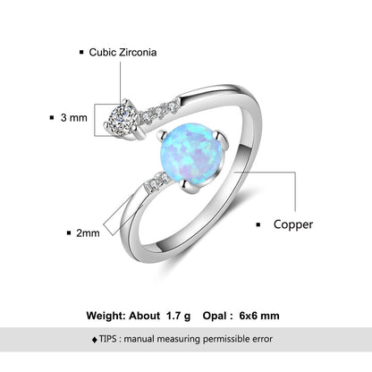 Silver Color Women's Rings Cubic Zirconia Adjustable Wrap Ring With Created Round Blue Opal Wedding Fashion Jewelry for Women