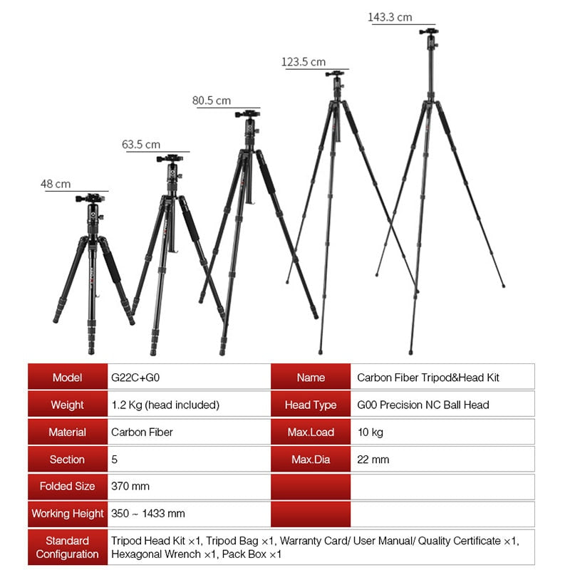 KINGJOY G22C Professional Carbon Fiber Tripod For Digital Camera Tripode Suitable For Travel Top Quality Camera Stand 143cm Max