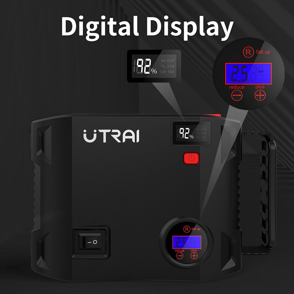 UTRAI 4 In 1 2000A Jump Starter Power Bank 16000mAh 150PSI Air Compressor Tire Pump Portable Charger Car Booster Starting Device