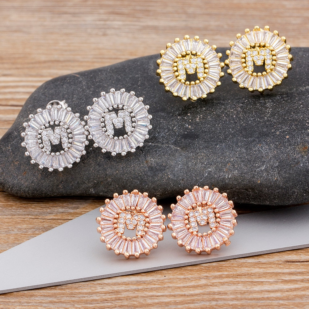 Nidin Hot Sale 26 Initial Letter Earrings Personal Gift for Women Cute Alphabet  Zircon White/Rose Gold Stud Earrings Jewelry