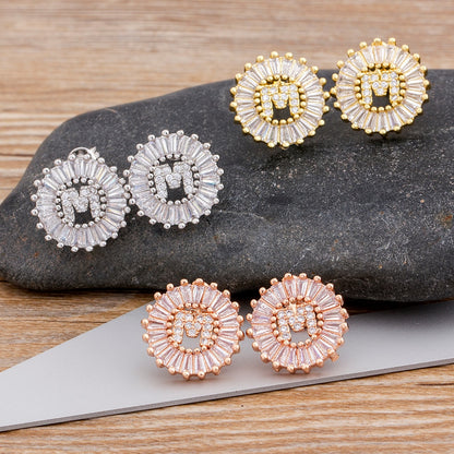 Nidin Hot Sale 26 Initial Letter Earrings Personal Gift for Women Cute Alphabet  Zircon White/Rose Gold Stud Earrings Jewelry