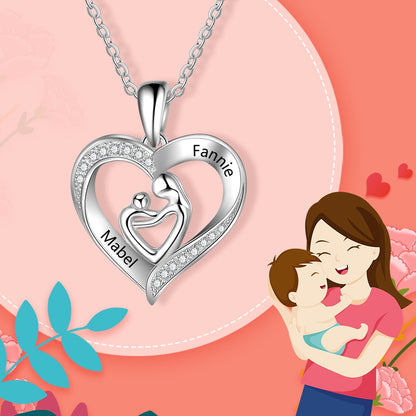 Personalized Mom and Baby Necklaces 925 Sterling Silver  Heart Shape Necklaces Pendant Engraved Name  Mother's Day Gift
