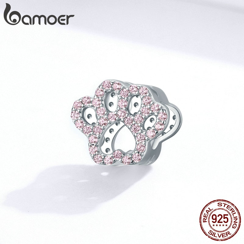 bamoer 925 Sterling Silver Pet Cat Paw Footprint Bead Charm for Bracelet DIY Jewelry Making Luxury Brand Jewelry BSC164