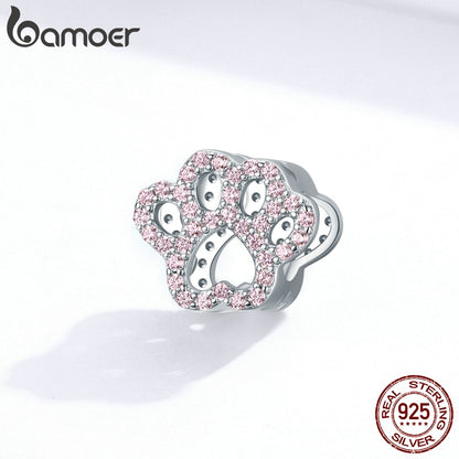 bamoer 925 Sterling Silver Pet Cat Paw Footprint Bead Charm for Bracelet DIY Jewelry Making Luxury Brand Jewelry BSC164