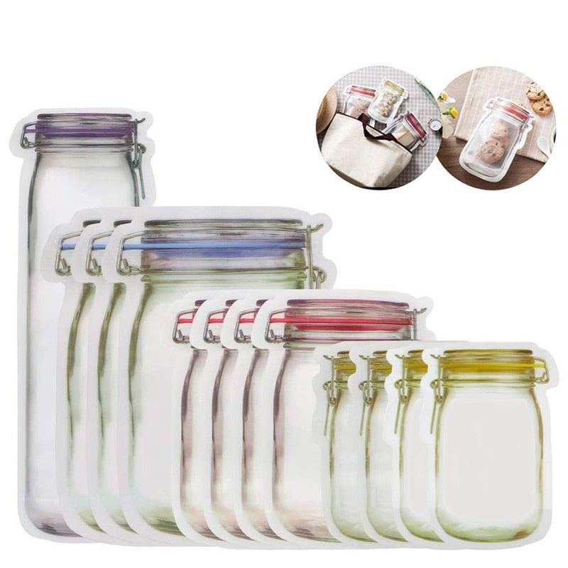 Reusable Mason Jar Bag Nuts Candy Cookies Bottles Snacks Zipper Sealed Kitchen Organizer Ziplock Seal Fresh Food Storage Bags