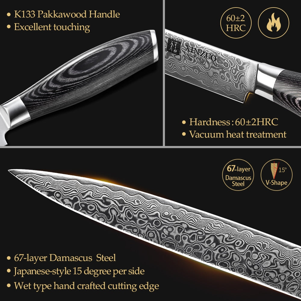 XINZUO 1pcs/5pcs Kitchen Knives Set 67Layer VG10 Damascus Steel Chef Cleaver Santoku Utility Paring Knife Pakkawood Handle