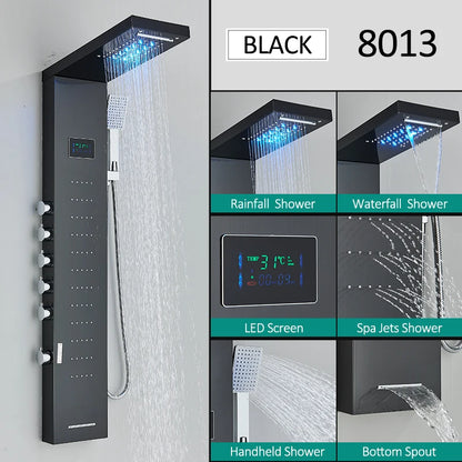 LED Shower Panel Tower System Rain Waterfall Shower Column Hydroelectricity LCD Display With Massage Body Spa Bath Shower Faucet