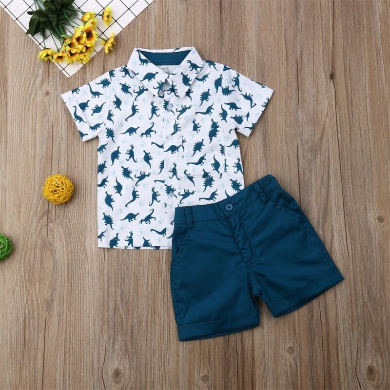 Lioraitiin 1-6 lat zestaw ubrań dla dzieci Baby Boy dinozaur skręcić w dół kołnierz z krótkim rękawem T-shirt spodnie 2 sztuk w stylu Casual, letnia odzież zestaw