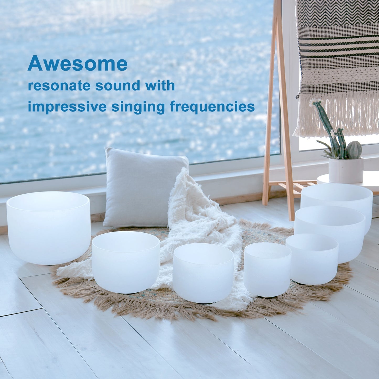 CVNC 6-12&quot; White Frosted Quartz Crystal Singing Bowl Chakra Set 7pcs for Sound Healing Yoga Mediation with Mallets