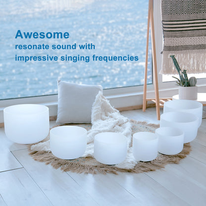 CVNC 6-12" White Frosted Quartz Crystal Singing Bowl Chakra Set 7pcs for Sound Healing Yoga Mediation with Mallets