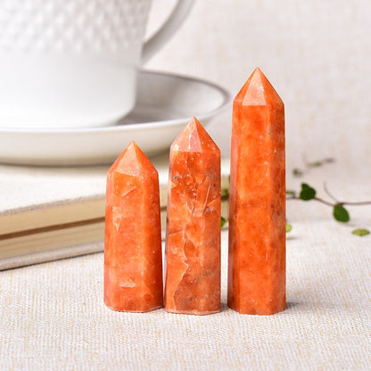 1pc Natural Crystal Point Sunstone Healing Stone Quartz Tower Orange Wand Ornament for Home Decor Reiki Energy Stone Pyramid