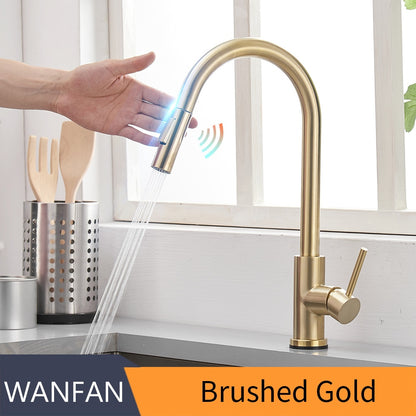 Pull Out Brush Nickel Sensor Kitchen Faucets Stainless Steel Smart Induction Mixed Tap Touch Control Sink Tap Torneira De KH1002