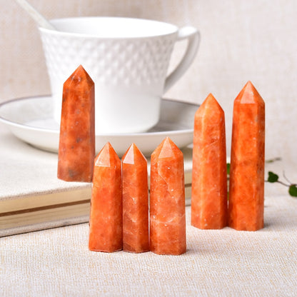 1pc Natural Crystal Point Sunstone Healing Stone Quartz Tower Orange Wand Ornament for Home Decor Reiki Energy Stone Pyramid