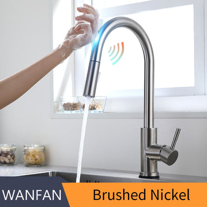 Pull Out Brush Nickel Sensor Kitchen Faucets Stainless Steel Smart Induction Mixed Tap Touch Control Sink Tap Torneira De KH1002