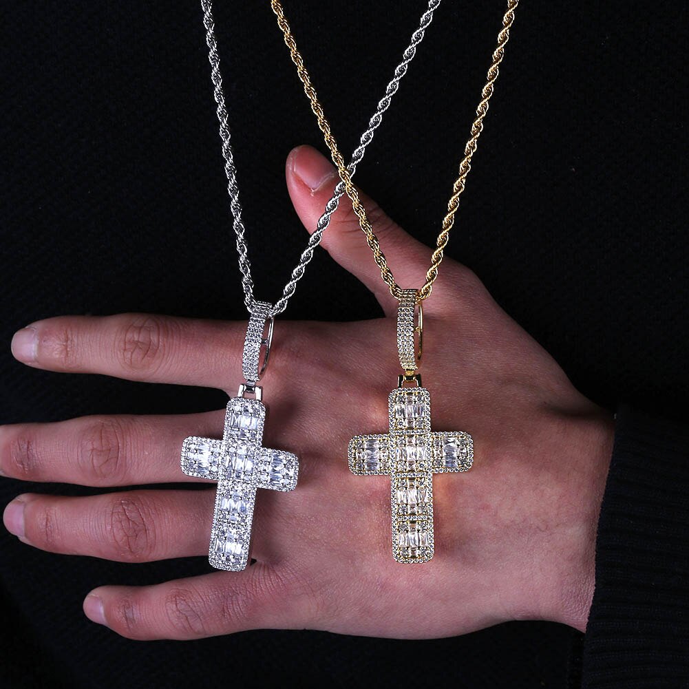 Quality Iced Out Asscher Cut Cross Pendant Necklace Mens/Women Micro Paved Hip Hop Gold Silver Color Bling Charm Chains Jewelry