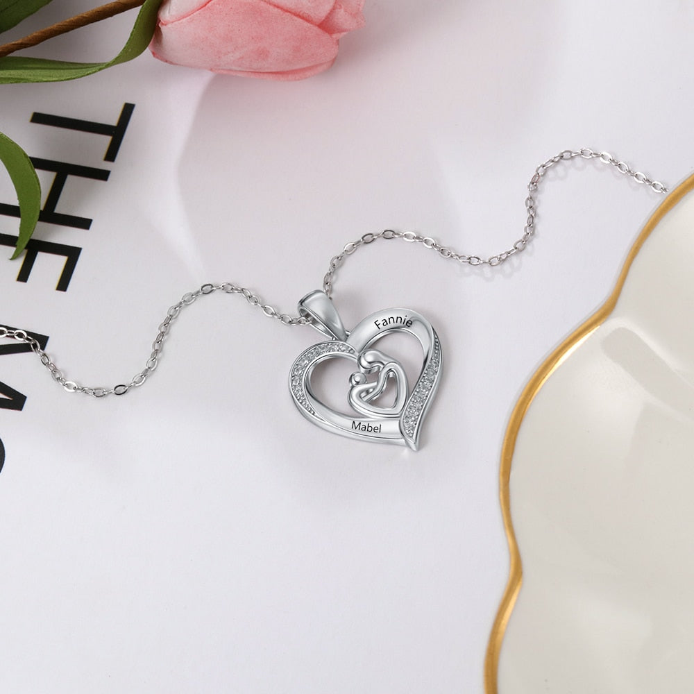 Personalized Mom and Baby Necklaces 925 Sterling Silver  Heart Shape Necklaces Pendant Engraved Name  Mother's Day Gift