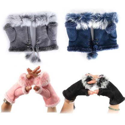 1 Pair Women Winter Warm Glove Faux Rabbit Fur Hand Wrist Warmer Fingerless Gloves