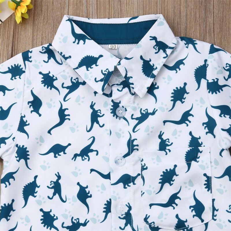 Lioraitiin 1-6 lat zestaw ubrań dla dzieci Baby Boy dinozaur skręcić w dół kołnierz z krótkim rękawem T-shirt spodnie 2 sztuk w stylu Casual, letnia odzież zestaw
