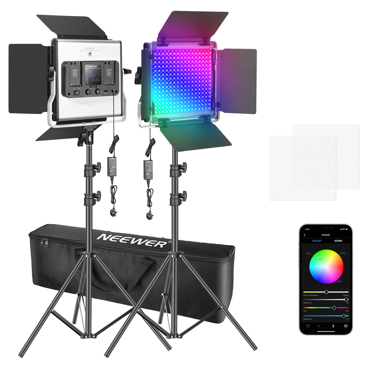 Neewer 2 Packs 660 RGB Led Light with APP Control, Photography Video Lighting Kit with Stands and Bag