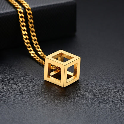 Vnox Retro Hollow Cube Pendant for Men Stainless Steel Square Vintage Necklace Punk Geometric Collier 24" Chain