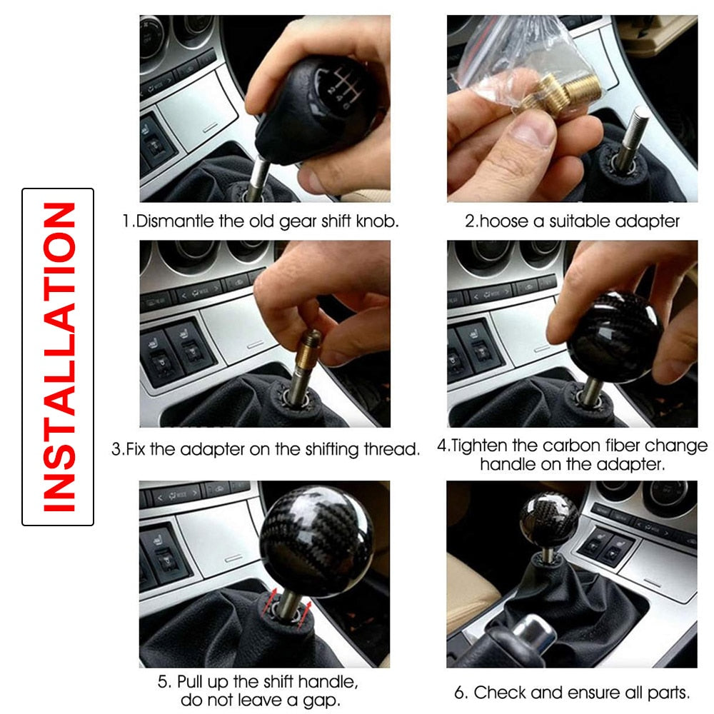 Universal Car Gear Shift Knob Shifter Lever Round Ball Shape Real Carbon Fiber