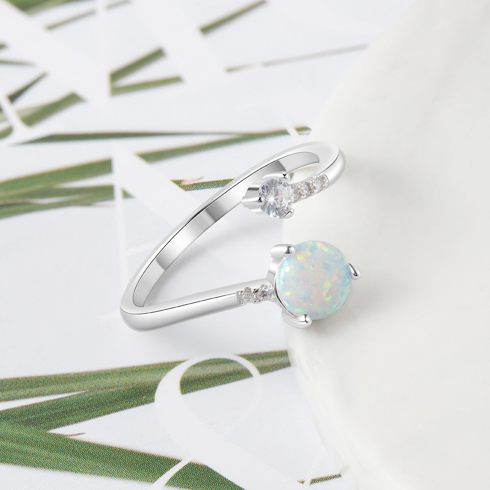 Silver Color Women's Rings Cubic Zirconia Adjustable Wrap Ring With Created Round Blue Opal Wedding Fashion Jewelry for Women