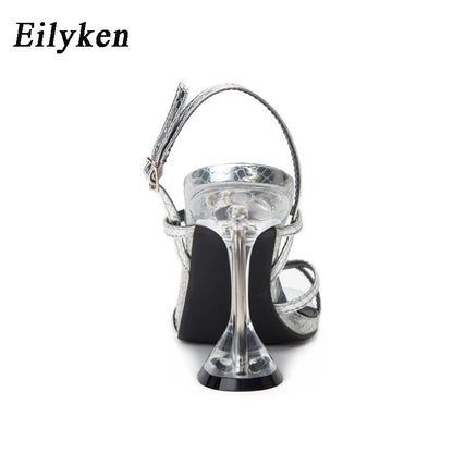 Eilyken New Silver Back Strap Sandals Transparent Perspex Heel Spike Crystal Slingbacks Women Wedding Pumps Shoes