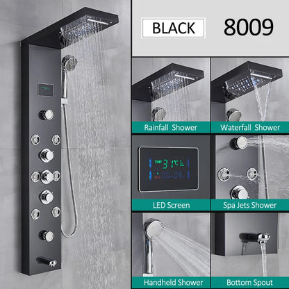 LED Shower Panel Tower System Rain Waterfall Shower Column Hydroelectricity LCD Display With Massage Body Spa Bath Shower Faucet