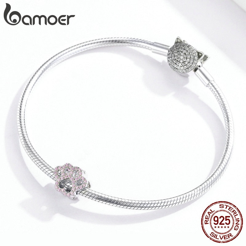 bamoer 925 Sterling Silver Pet Cat Paw Footprint Bead Charm for Bracelet DIY Jewelry Making Luxury Brand Jewelry BSC164