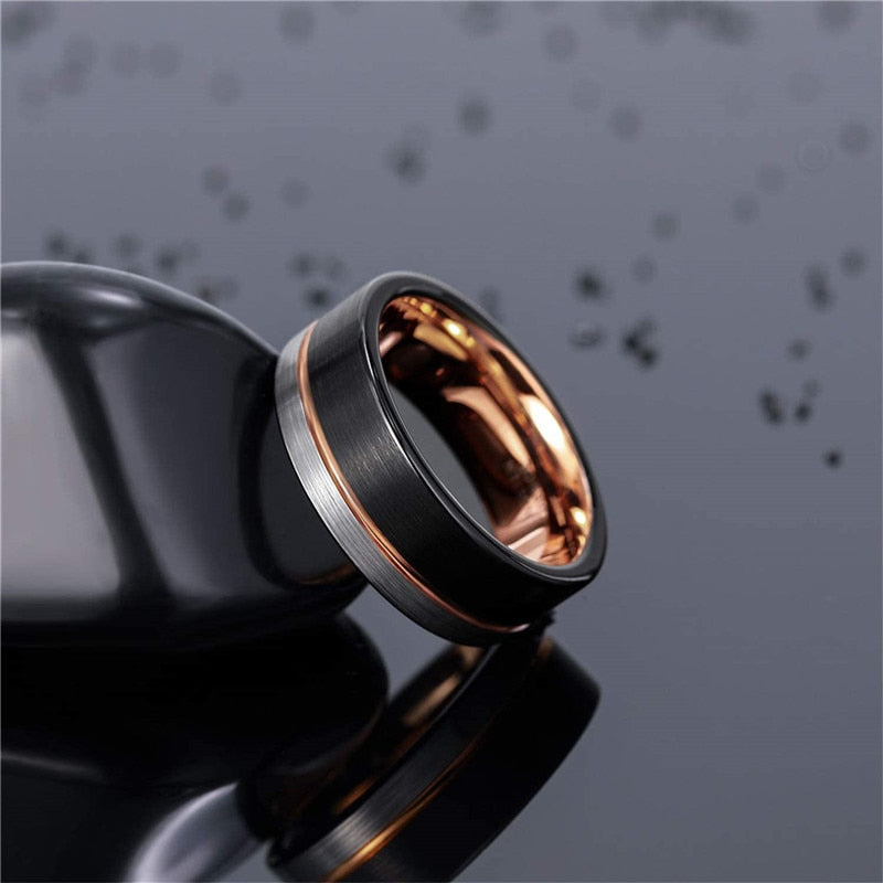 TIGRADE Ring Men Tungsten Ring Black Rose Gold Line Brushed 6/8mm Wedding Band Engagement Ring Men's Party Trendy Bague Homme