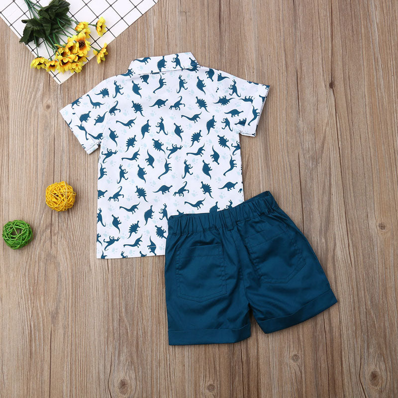 Lioraitiin 1-6 lat zestaw ubrań dla dzieci Baby Boy dinozaur skręcić w dół kołnierz z krótkim rękawem T-shirt spodnie 2 sztuk w stylu Casual, letnia odzież zestaw
